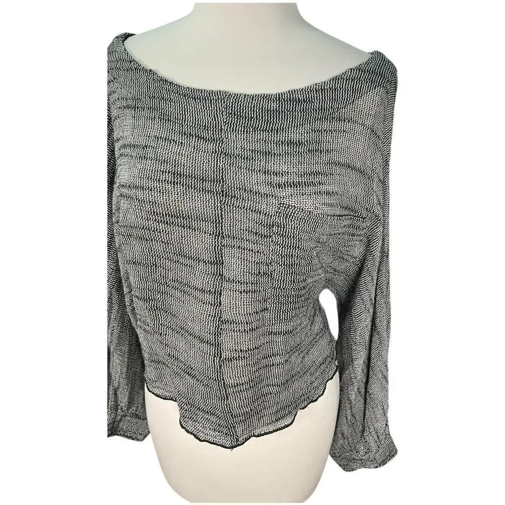 Free People Black & White Boat Neck Tight Knit Long Sleeve Cropped Sweater Small